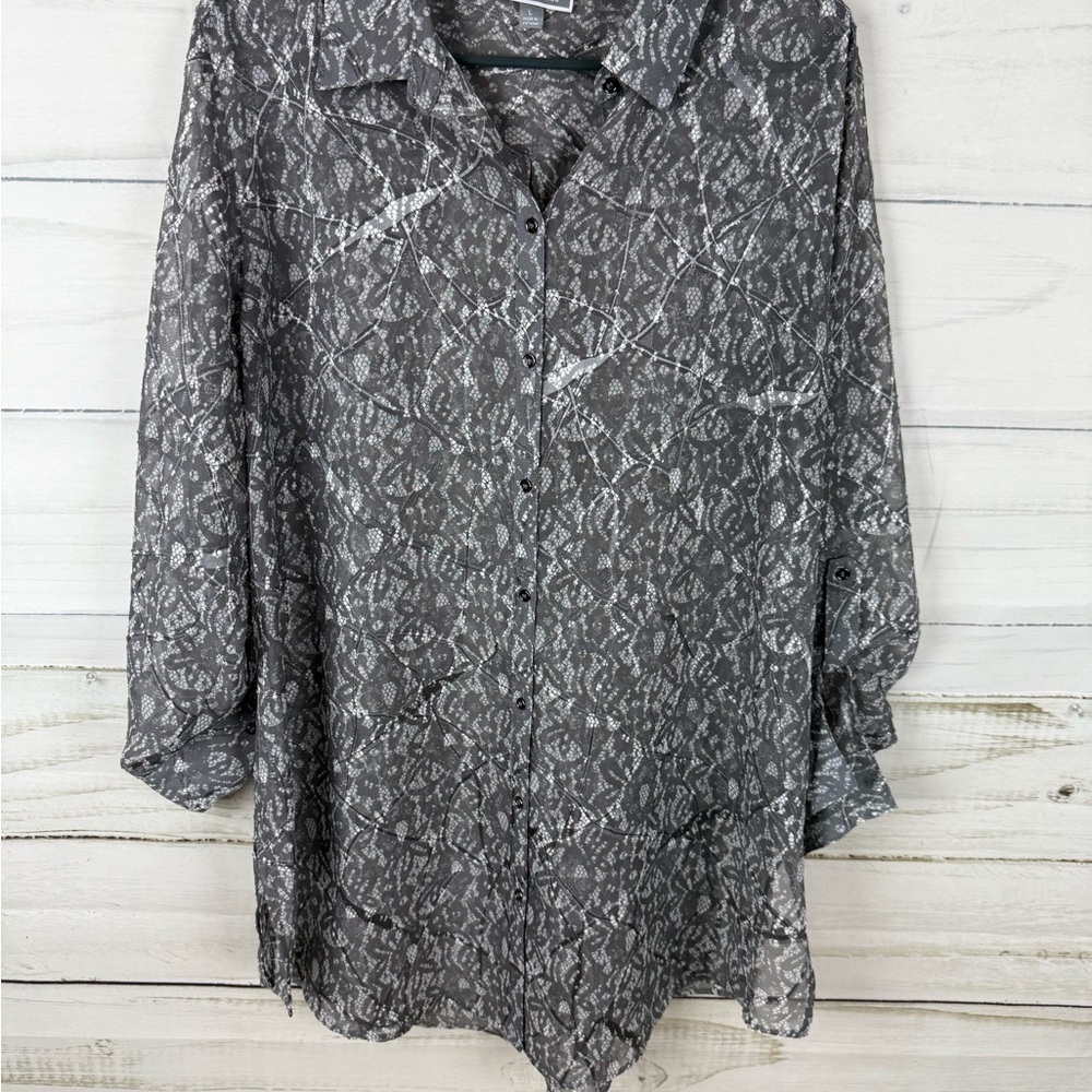 JM Collection Gray shear Button Down Shirt - Picture 4 of 7